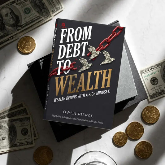 From Debt to Wealth book on marble with gold coins